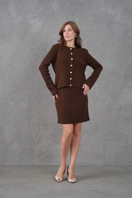 Kadın Bisiklet Yaka Düğme Kapama Ceket Etek İkili Triko Takım