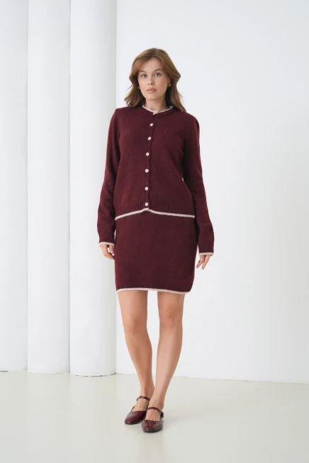 Kadın Bisiklet Yaka Düğme Kapama Ceket Etek İkili Triko Takım