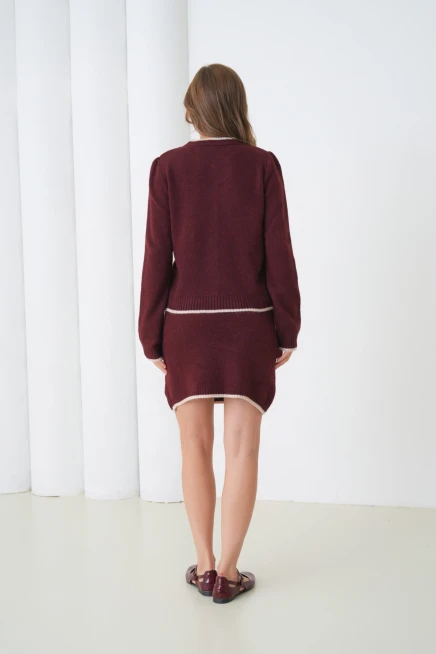 Kadın Bisiklet Yaka Düğme Kapama Ceket Etek İkili Triko Takım