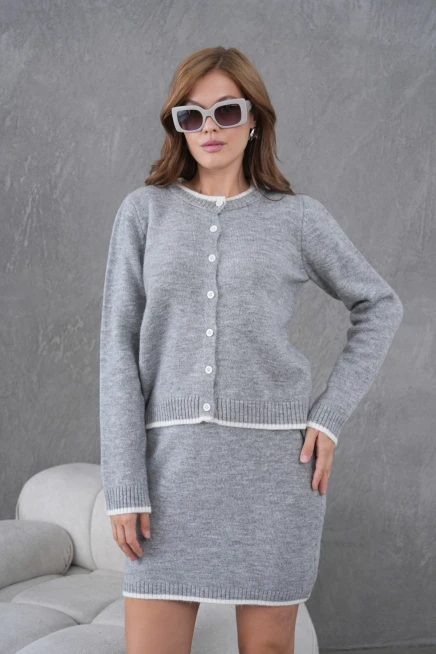 Kadın Bisiklet Yaka Düğme Kapama Ceket Etek İkili Triko Takım