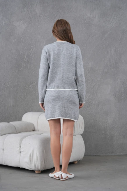 Kadın Bisiklet Yaka Düğme Kapama Ceket Etek İkili Triko Takım