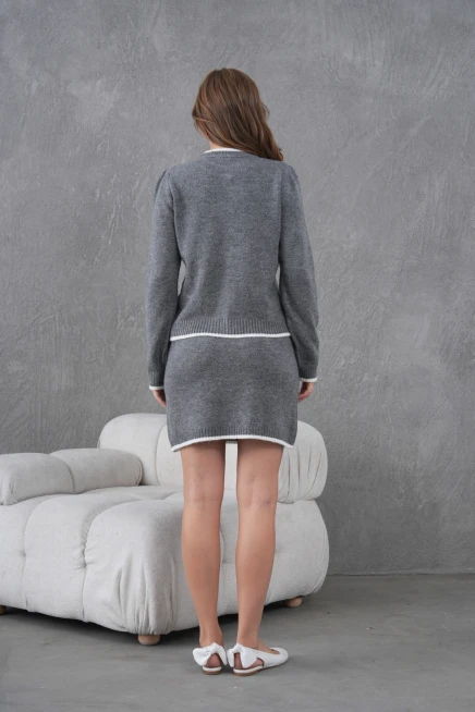 Kadın Bisiklet Yaka Düğme Kapama Ceket Etek İkili Triko Takım