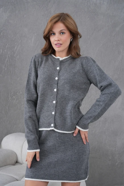 Kadın Bisiklet Yaka Düğme Kapama Ceket Etek İkili Triko Takım