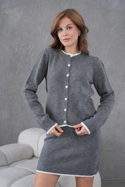 Kadın Bisiklet Yaka Düğme Kapama Ceket Etek İkili Triko Takım