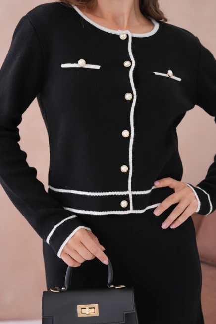 Kadın Bisiklet Yaka Düğme Kapama Ceket Etek İkili Triko Takım