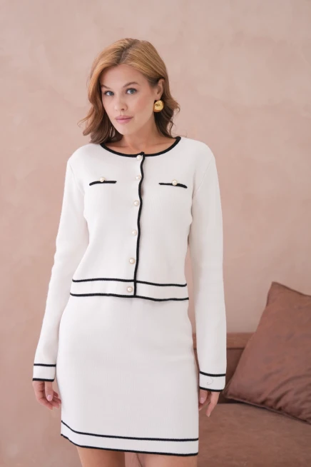 Kadın Bisiklet Yaka Düğme Kapama Ceket Etek İkili Triko Takım