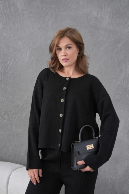 Kadın Bisiklet Yaka Düğme Kapama Kaşkorse Ceket Pantolon İkili Triko Takım