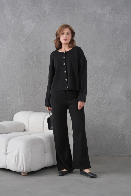 Kadın Bisiklet Yaka Düğme Kapama Kaşkorse Ceket Pantolon İkili Triko Takım