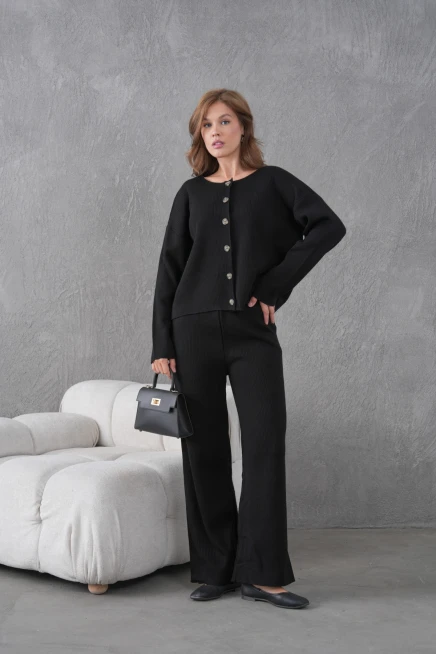 Kadın Bisiklet Yaka Düğme Kapama Kaşkorse Ceket Pantolon İkili Triko Takım