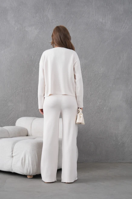 Kadın Bisiklet Yaka Düğme Kapama Kaşkorse Ceket Pantolon İkili Triko Takım