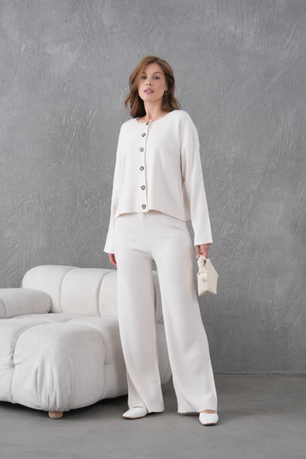 Kadın Bisiklet Yaka Düğme Kapama Kaşkorse Ceket Pantolon İkili Triko Takım