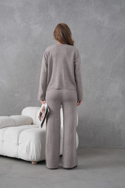 Kadın Bisiklet Yaka Düğme Kapama Kaşkorse Ceket Pantolon İkili Triko Takım