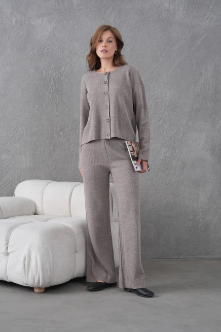 Kadın Bisiklet Yaka Düğme Kapama Kaşkorse Ceket Pantolon İkili Triko Takım