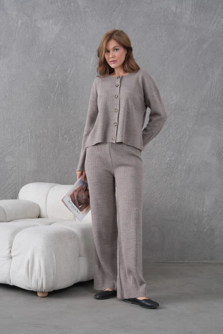 Kadın Bisiklet Yaka Düğme Kapama Kaşkorse Ceket Pantolon İkili Triko Takım