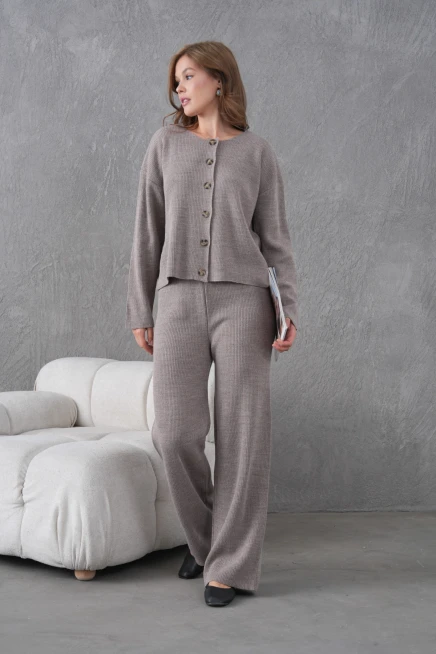 Kadın Bisiklet Yaka Düğme Kapama Kaşkorse Ceket Pantolon İkili Triko Takım