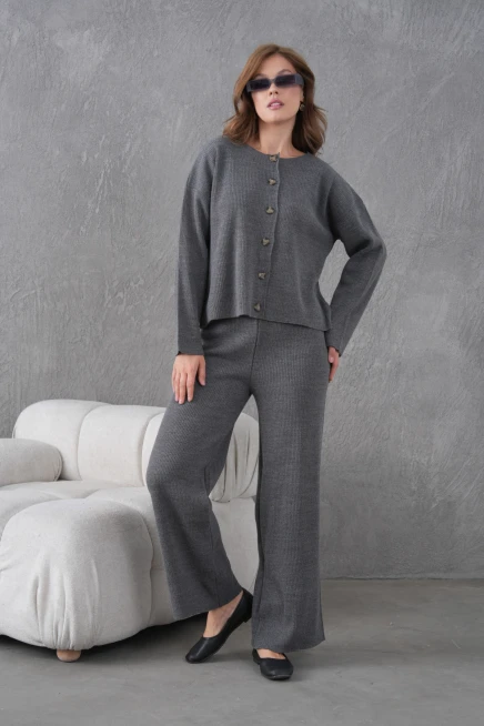 Kadın Bisiklet Yaka Düğme Kapama Kaşkorse Ceket Pantolon İkili Triko Takım