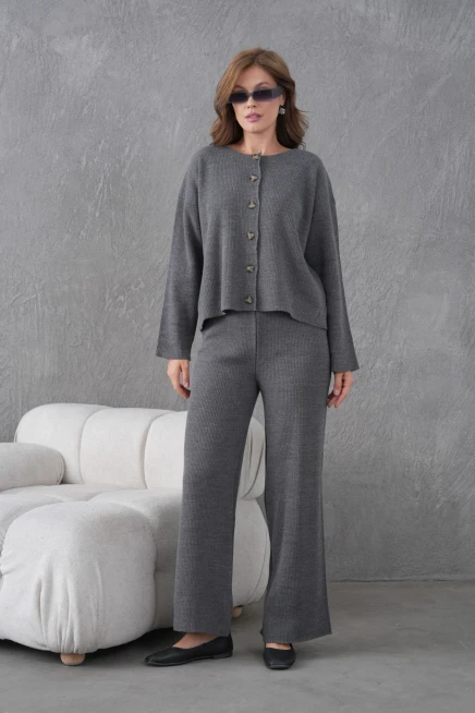 Kadın Bisiklet Yaka Düğme Kapama Kaşkorse Ceket Pantolon İkili Triko Takım