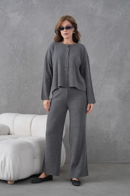 Kadın Bisiklet Yaka Düğme Kapama Kaşkorse Ceket Pantolon İkili Triko Takım