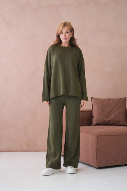 Kadın Bisiklet Yaka Düşük Kol Kazak Pantolon İkili Triko Takım