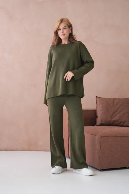 Kadın Bisiklet Yaka Düşük Kol Kazak Pantolon İkili Triko Takım