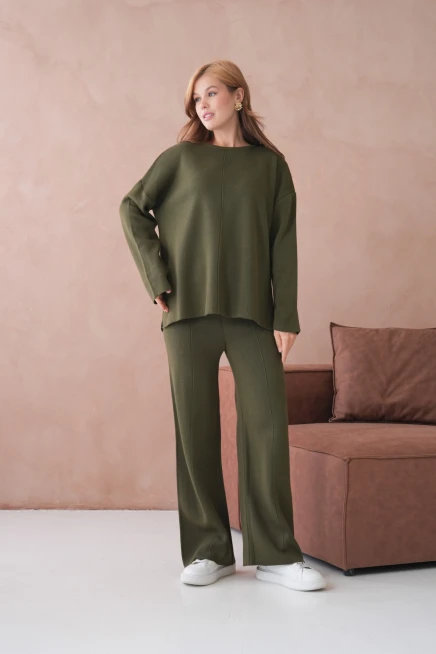 Kadın Bisiklet Yaka Düşük Kol Kazak Pantolon İkili Triko Takım