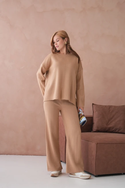 Kadın Bisiklet Yaka Düşük Kol Kazak Pantolon İkili Triko Takım