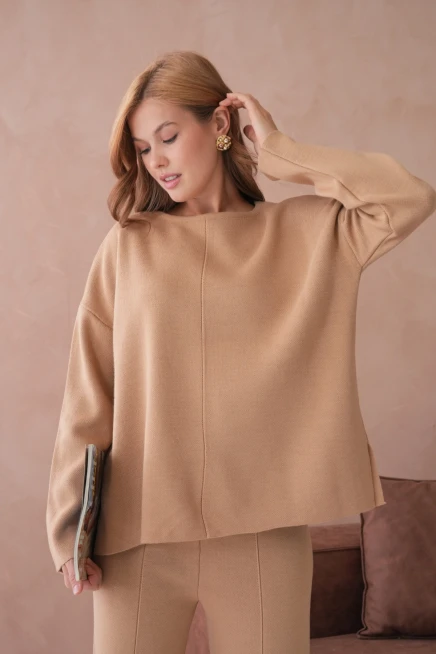 Kadın Bisiklet Yaka Düşük Kol Kazak Pantolon İkili Triko Takım