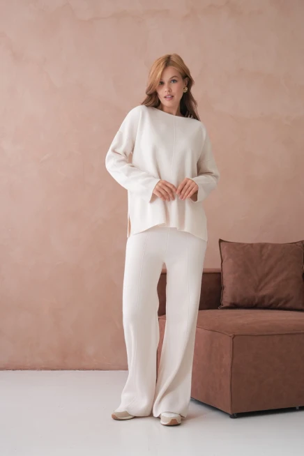 Kadın Bisiklet Yaka Düşük Kol Kazak Pantolon İkili Triko Takım