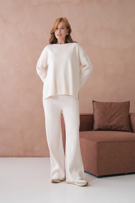 Kadın Bisiklet Yaka Düşük Kol Kazak Pantolon İkili Triko Takım