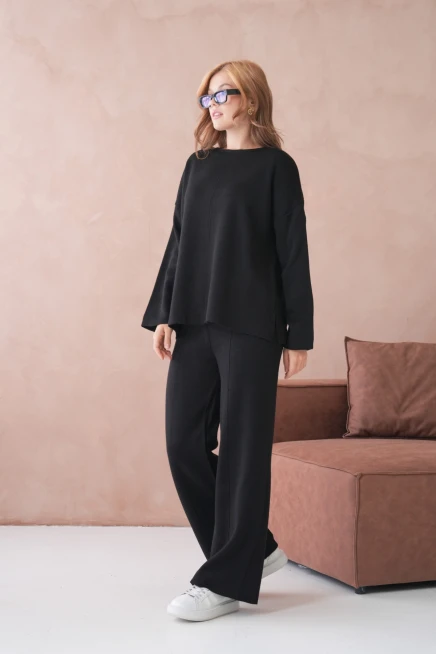 Kadın Bisiklet Yaka Düşük Kol Kazak Pantolon İkili Triko Takım