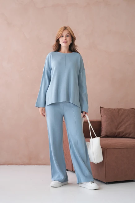 Kadın Bisiklet Yaka Düşük Kol Kazak Pantolon İkili Triko Takım