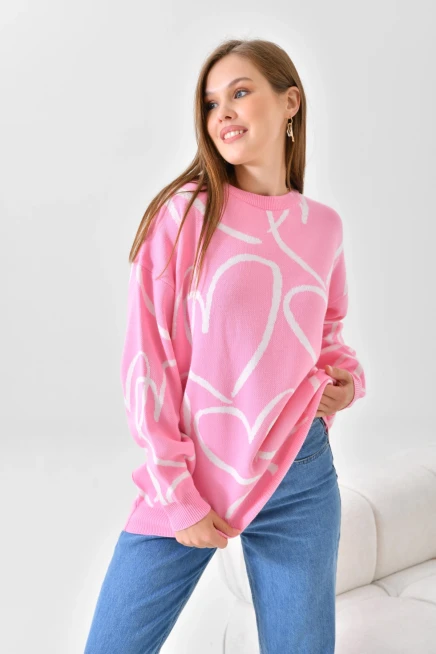 Kadın Bisiklet Yaka Kalp Örgü Detaylı Oversize Triko Tunik