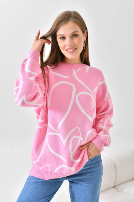 Kadın Bisiklet Yaka Kalp Örgü Detaylı Oversize Triko Tunik