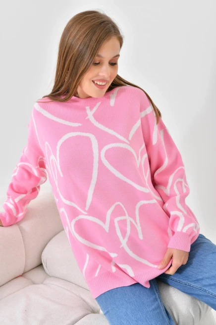 Kadın Bisiklet Yaka Kalp Örgü Detaylı Oversize Triko Tunik