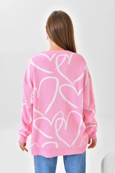 Kadın Bisiklet Yaka Kalp Örgü Detaylı Oversize Triko Tunik