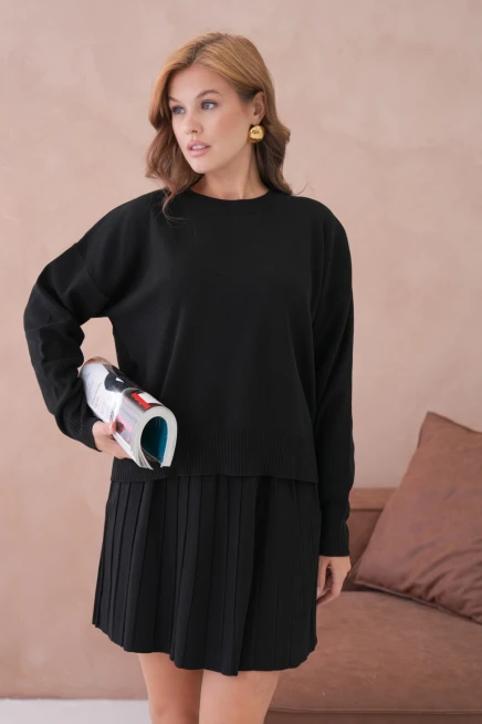 Kadın Bisiklet Yaka Kazak Kısa Etek İkili Triko Takım