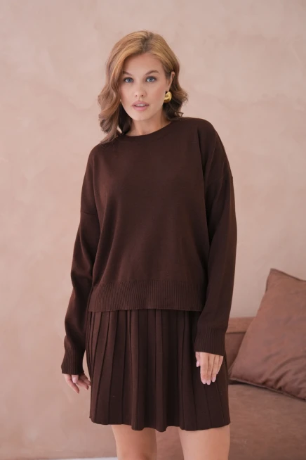 Kadın Bisiklet Yaka Kazak Kısa Etek İkili Triko Takım