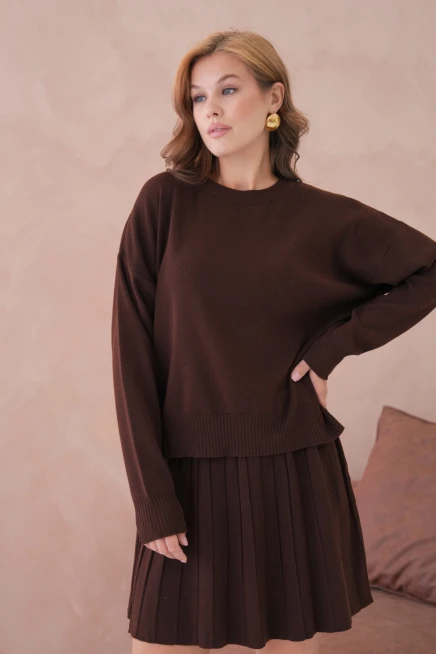 Kadın Bisiklet Yaka Kazak Kısa Etek İkili Triko Takım