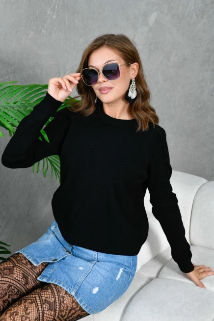 Kadın Bisiklet Yaka Kolları Ajurlu Basic Triko Kazak