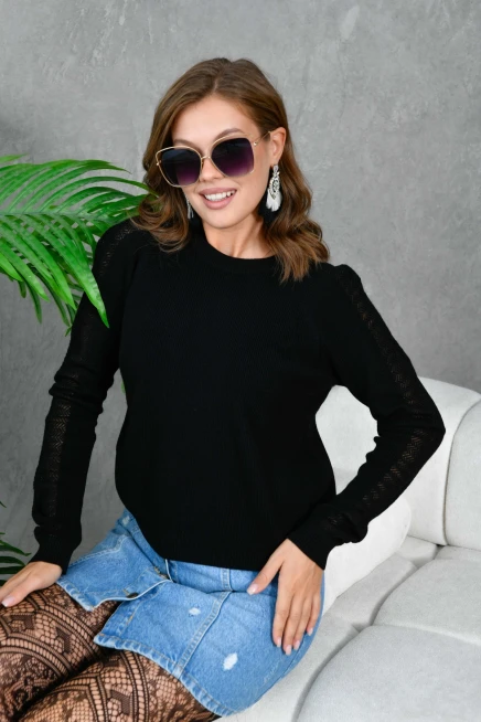 Kadın Bisiklet Yaka Kolları Ajurlu Basic Triko Kazak