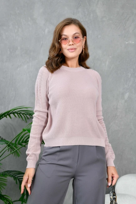 Kadın Bisiklet Yaka Kolları Ajurlu Basic Triko Kazak