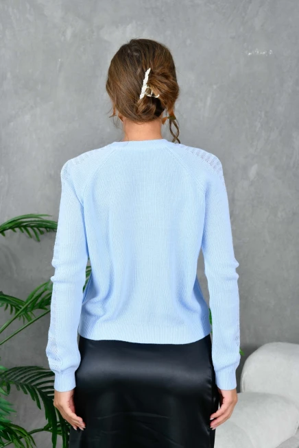 Kadın Bisiklet Yaka Kolları Ajurlu Basic Triko Kazak