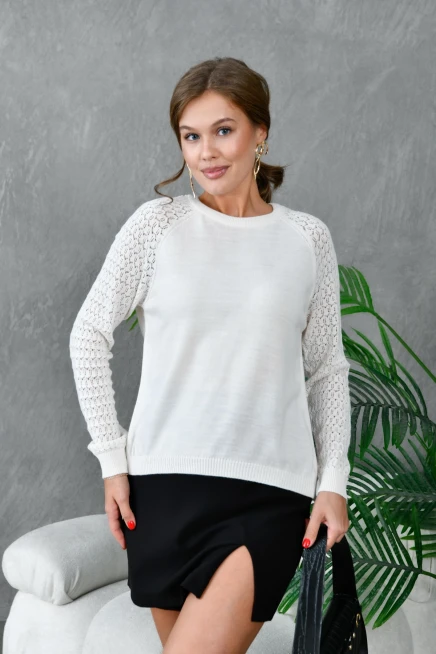 Kadın Bisiklet Yaka Kolları Ajurlu Basic Triko Kazak