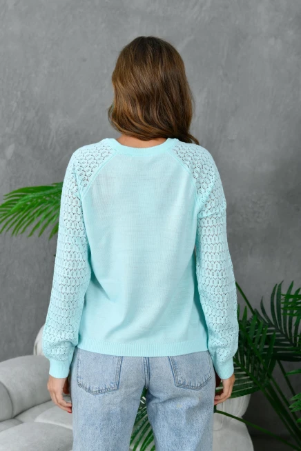 Kadın Bisiklet Yaka Kolları Ajurlu Basic Triko Kazak