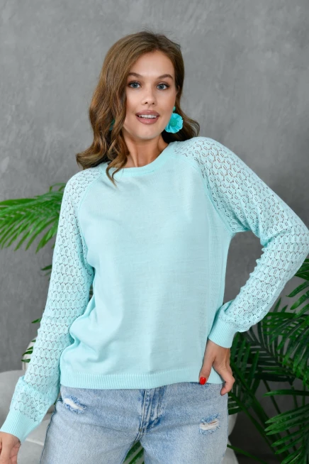 Kadın Bisiklet Yaka Kolları Ajurlu Basic Triko Kazak