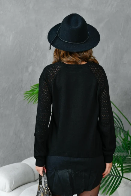 Kadın Bisiklet Yaka Kolları Ajurlu Basic Triko Kazak