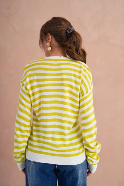 Kadın Bisiklet Yaka Nakış Detay Çizgili Triko Kazak