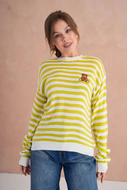 Kadın Bisiklet Yaka Nakış Detay Çizgili Triko Kazak