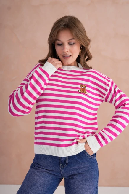 Kadın Bisiklet Yaka Nakış Detay Çizgili Triko Kazak