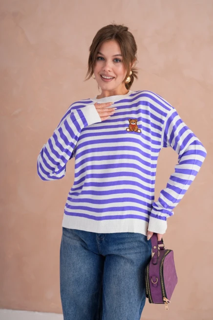 Kadın Bisiklet Yaka Nakış Detay Çizgili Triko Kazak